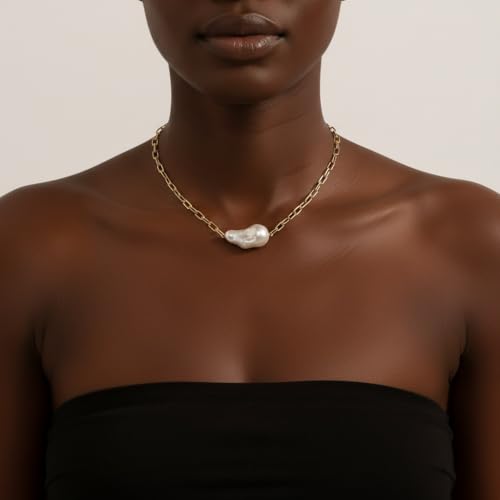 Chunky Pearl Necklaces for Women Chunky Baroque Pearl Beaded Gold Chain Link Pearls Pendant Necklace White Pearls Necklace Valentine's Day Jewelry Gifts Party Prom Birthday Outfits Accessorie - style: Golden Chain One Pearl