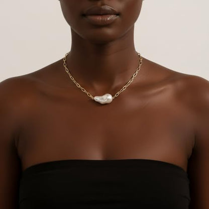 Chunky Pearl Necklaces for Women Chunky Baroque Pearl Beaded Gold Chain Link Pearls Pendant Necklace White Pearls Necklace Valentine's Day Jewelry Gifts Party Prom Birthday Outfits Accessorie - style: Golden Chain One Pearl