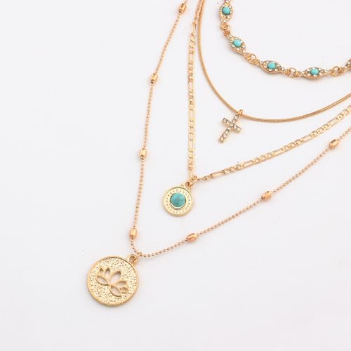Gold Layered Necklace for Women Summer Boho Layered Stacked Pendant Necklace Country Concert Necklace Turquoise Coin Long Necklace - color: B