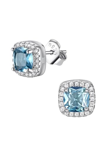 FindChic Birthstone Earrings for Women, Round/Heart/Square/Teardrop Earrings with 925 Sterling Silver Posts & Push Backs, Hypoallergenic Studs with Cubic Zirconia, 12 Months Jewelry with Gift Box - style: 03. March-Aquamarine (Square)