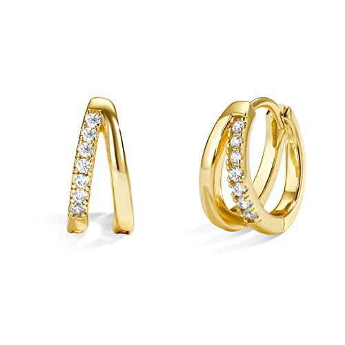 Me&Hz Gold Huggie Earrings Small Huggie Hoop Earrings for Women 14K Gold Plated Hypoallergenic Cubic Zirconia Huggies Mini Silver Hoop Earring for Women - color: Double Hoops,Gold