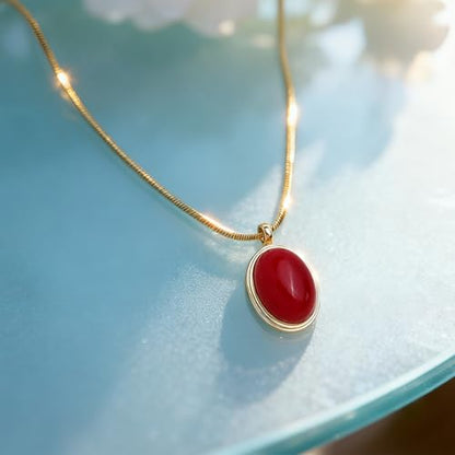 Sonateomber Gold Stone Pendant Necklace for Women, Chunky Statement Dainty Heart Oval Natural Gemstone Dangle Necklaces Wedding Prom Accessories Fashion Jewelry Gift - color: Red Ruby