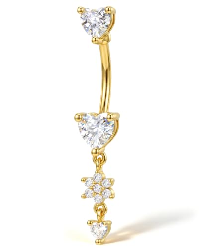Jewseen Dangle Flower Belly Button Rings 14G Dangle Heart Navel Ring 10MM Gold Curved Barbell Belly Button Piercing for Women Stainless Steel Dainty Navel Piercing Jewelry - color: Gold