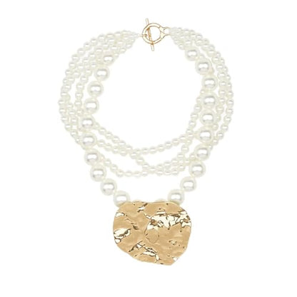 Multi Strand Bead Pendant Necklace for Women Stone Wood Pearl Jewelry | Gold Color Metal Charm Fashion Ethnic Tribal Elegant Statement - color: N1537-pearl