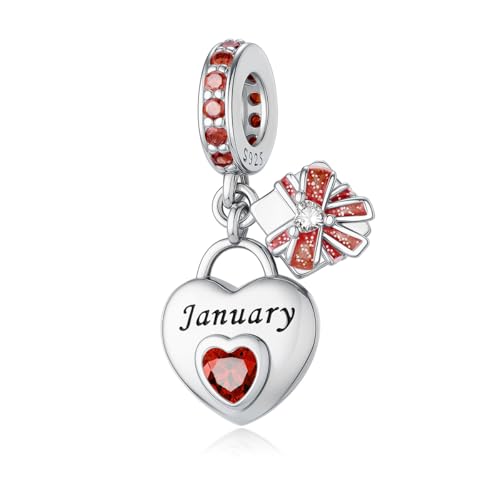 925 Sterling Silver Birthstone Bracelet Charm - Unique Heart Shaped Design, Fits most Europe Pandora Bracelets and Necklaces, women's DIY holiday Gifts - style: A-January