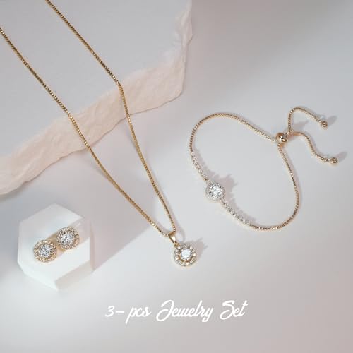 Bridesmaid Bride Wedding Jewelry Set - Round Cubic Zirconia | Earrings Necklace Bracelet Set, Hypoallergenic Prom Party Jewelry Gift for Her - color: Rose Gold