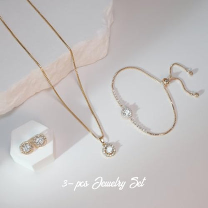 Bridesmaid Bride Wedding Jewelry Set - Round Cubic Zirconia | Earrings Necklace Bracelet Set, Hypoallergenic Prom Party Jewelry Gift for Her - color: Rose Gold