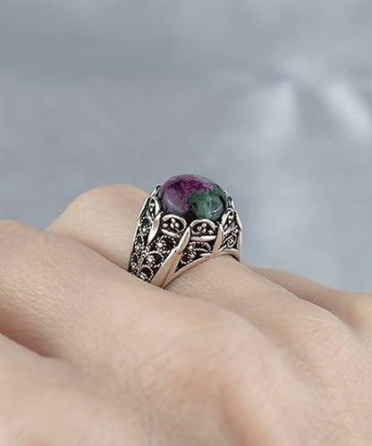 Filigranist 925 Sterling Silver Filigree Art Women Mini Dome Cocktail Ring with Gemstone, Gift Boxed - color: Ruby Zoisite
