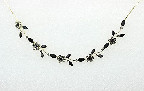 Faship Gorgeous Rhinestone Crystal Floral Necklace Earrings Set - color: Black / gold plated