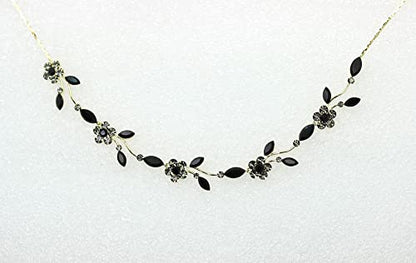 Faship Gorgeous Rhinestone Crystal Floral Necklace Earrings Set - color: Black / gold plated
