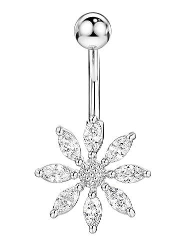 Belly Button Ring Dangle, Cross Belly Button Ring, Navel Piercing | 316L Surgical Steel, AAA+ Cubic Zirconia, Nickel-Free, Hypoallergenic, Multi-Style, 14 Gauge 10 mm Screw On Piercing Stud - style: Big Sunflower
