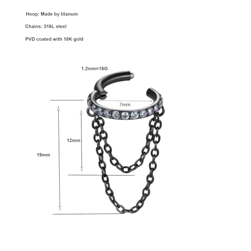 16G Titanium Cartilage Earrings Hoop 7mm 9mm Helix Piercing Jewelry with Single/Double/Triple Chains Hypoallergenic Hinged Clicker - style: new-black 2 chains 7mm