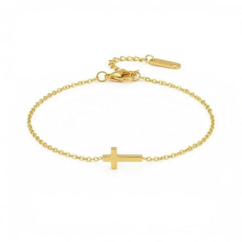 18K Gold Plated Pearl Beaded Cross Bracelets for Women Adjustable Stainless Steel Dainty Thin Gold Box Cuban Twisted Link Chain Bracelet Bridesmaid Jewelry Gifts - color: Tiny Cross-Gold