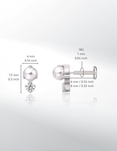 limerencia G23 Hypoallergenic 18g Flat Back Stud Earrings | F136 Implant Grade Titanium Pressfit Threadless Push Pop in Cartilage Helix Labret Lip Monroe Tragus Flat Back Piercing Studs - color: CZ + Pearl