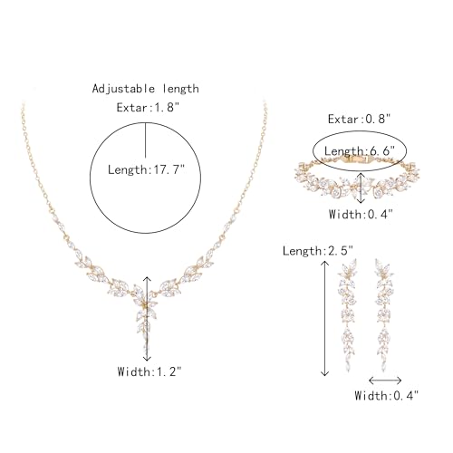 Crysdue Wedding Jewelry Set for Brides Bridesmaid, Cubic Zirconia Teardrop Marquise Leaf Cluster Pendant Necklace Bridal Tennis Bracelet Drop Earrings for Women Party Prom - style: C- Marquise CZ-gold