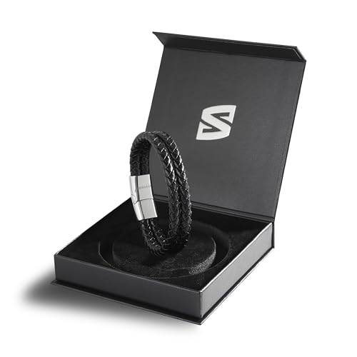 SERASAR Premium Leather Bracelet Men | Stainless Steel Magnetic Clasp | Three Colors | Jewelry Box Included - color: Silver, size: 23cm, style: Double