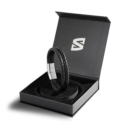 SERASAR Premium Leather Bracelet Men | Stainless Steel Magnetic Clasp | Three Colors | Jewelry Box Included - color: Silver, size: 20cm, style: Double
