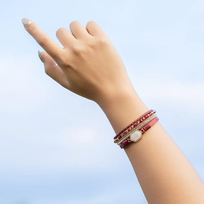 FANCY SHINY Crystal Beaded Leather Wrap Bracelet Stackable Boho Jewelry for Women Resin Stone Bangle Cuff with Magnetic Clasp - color: Burgundy