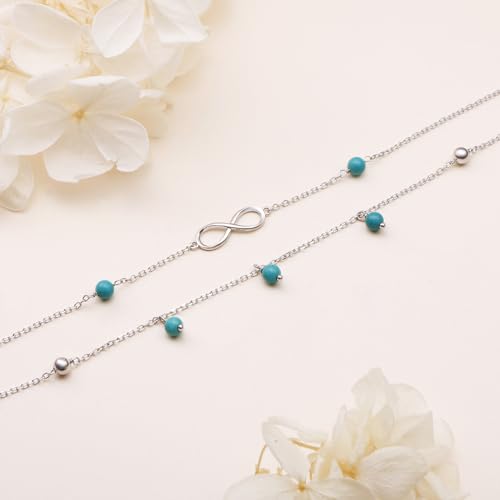 Flyow Anklet for Women S925 Sterling Silver Adjustable Foot Beaded Heart Charm Ankle Bracelet Anklets Jewelry - style: Turquoise infinity