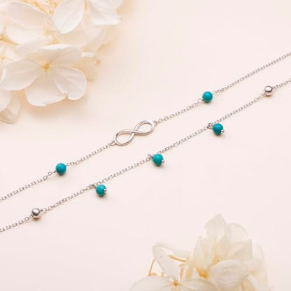Flyow Anklet for Women S925 Sterling Silver Adjustable Foot Beaded Heart Charm Ankle Bracelet Anklets Jewelry - style: Turquoise infinity
