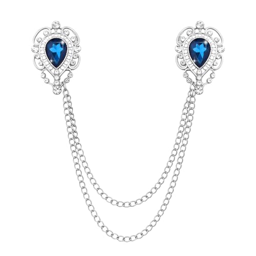 Teardrop Rhinestone Brooch Mens Lapel Pins for Shirt Collar Hanging Chain Brooch Suit Pin Crystal Rhinestone Lapel Pins for Men - color: Peacock Blue-J