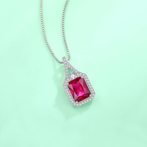 Created Gemstone Necklace 925 Sterling Silver Halo Rectangular Pendant Birthstone Necklaces Jewelry Gifts for Women - color: 07 July - Ruby