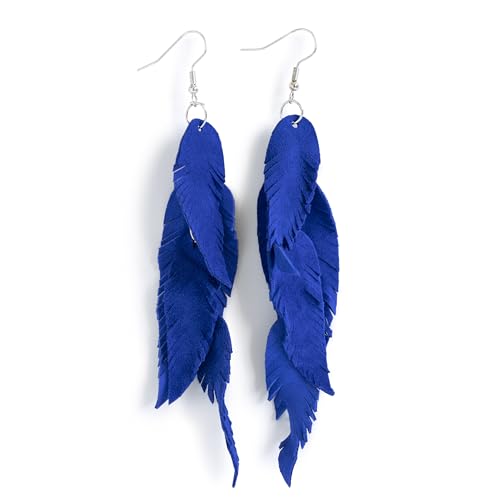 Leather Feather Earrings, Suede layered earrings, boho wedding jewelry, summer earrings, gift for her, dangle earrings - color: bright blue