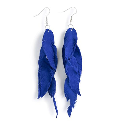 Leather Feather Earrings, Suede layered earrings, boho wedding jewelry, summer earrings, gift for her, dangle earrings - color: bright blue