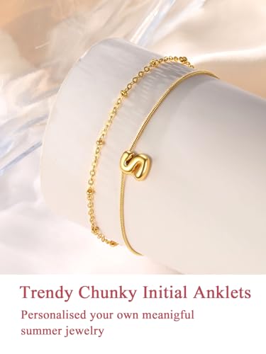 FOCALOOK Initial Anklet Bracelet for Women, 14K Gold Plated Anklets Layer Letter Ankle Chain Non Tarnish, 8.5"+2" Adjustable Large Ankle Summer Beach Foot Jewelry - color: Gold-S