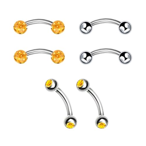 6pc 16G 6/8/10mm Bar Surgical Steel Curved Barbell Coated Crystal Eyebrow Ring Ear Body Piercing Jewelry Set - color: yellow