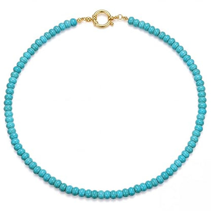 JeryWe Gemstone Beaded Necklaces for Women - Waterproof Natural Stone Handmade Choker Necklace Boho Summer Beach Jewelry, 14K Gold Plated Stainless Steel Dainty Statement Necklace Trendy Turquoise
