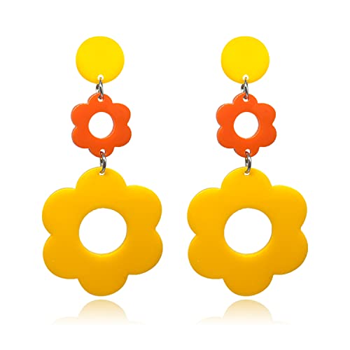 Handmade Acrylic Flower Earrings - Bohemian Double Daisy Drop Resin Flowers Dangle Earrings for Women Girls 70s 80s Party Accessories - color: orange+yellow