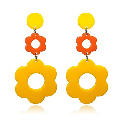 Handmade Acrylic Flower Earrings - Bohemian Double Daisy Drop Resin Flowers Dangle Earrings for Women Girls 70s 80s Party Accessories - color: orange+yellow