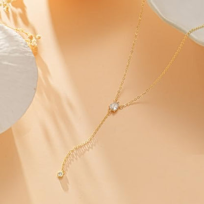 Lariat Necklace for Women, Dainty 14K Gold/Silver Plated Long Necklaces for Women Trendy Simple Layered Y-Shaped Pendant Necklace Adjustable Fashion Jewelry Gift - color: Gold, style: Two CZ Pendant