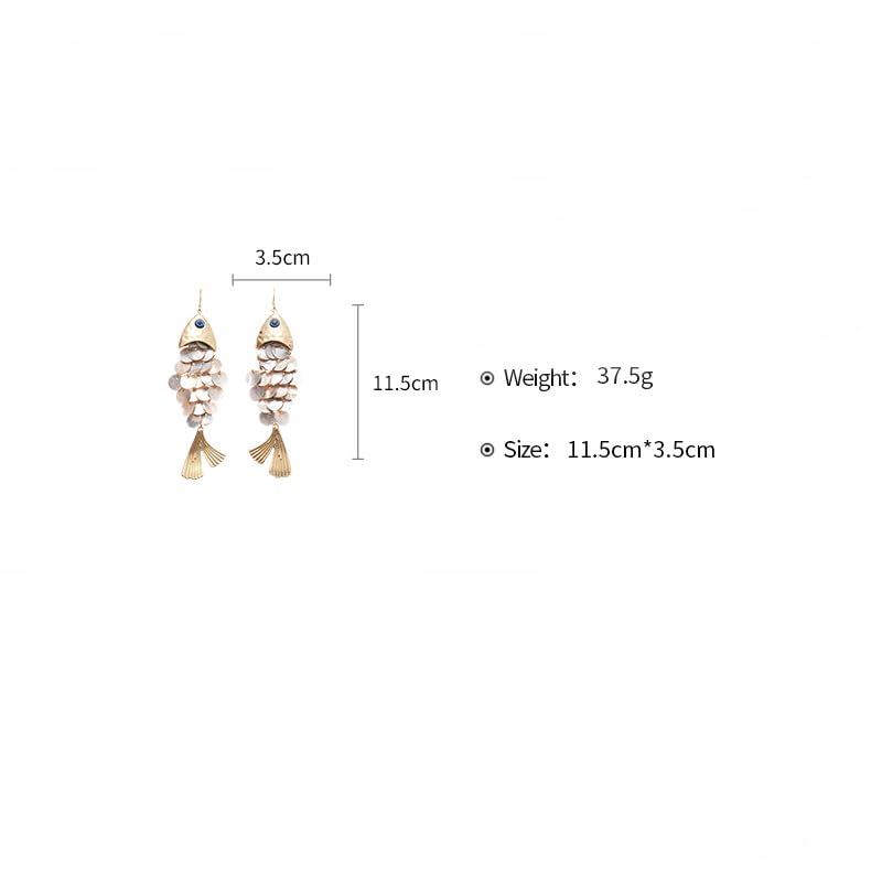 Boho Articulated Fish Drop Earrings for Women - Gold Tone Shimmering Resin Scale Dangle Earrings with Blue Evil Eye Charm, Lightweight Faux Shell Ocean Animal Jewelry Gift for Her Mom Wife