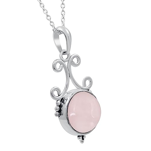 Natural Round Gemstone Pendant Necklace for Women, 925 Sterling Silver | Solitaire Birthstone Jewelry With 18 Inch Chain, Handmade Semi Precious Stone Pendant, Jewelry Gift for Mom, Wife & Sister - color: Rose Quartz