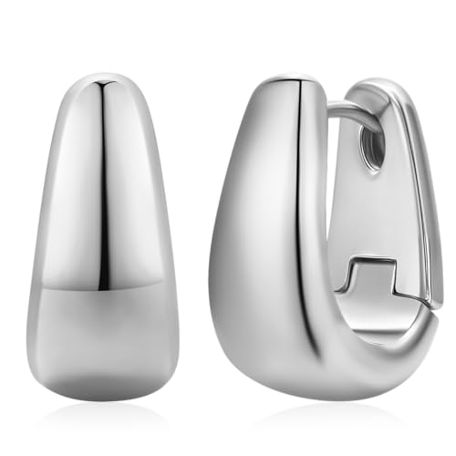 Small Chunky Hoop Earrings for Women 14k Real Gold Plated 925 Sterling Silver Post Oval Hoop Earrings Hypoallergenic Thick Huggie Hoops Earrings Jewelry Gifts for Women - color: silver