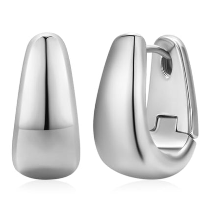 Small Chunky Hoop Earrings for Women 14k Real Gold Plated 925 Sterling Silver Post Oval Hoop Earrings Hypoallergenic Thick Huggie Hoops Earrings Jewelry Gifts for Women - color: silver