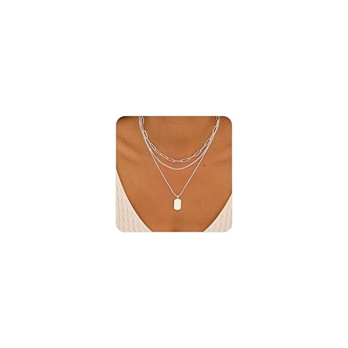 Layered Gold Necklace for Women Trendy,14K Gold Plated Dainty Stackable Cuban Link Herringbone Paperclip Chain Diamond/Coin/Cross/Tag/Mobius Pendant Necklace Set Fashion Jewelry Christmas Gifts - color: Silver Tag Pendant