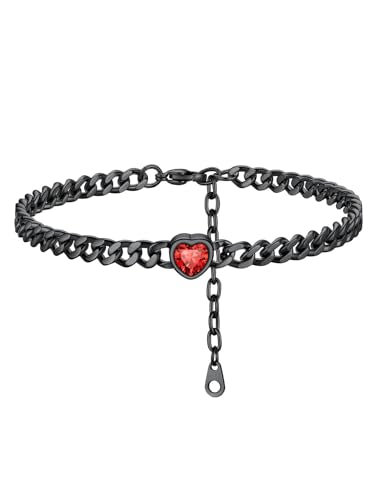 ChainsHouse Cuban Chain Anklets for Women with Heart Birthstone Jan - Dec | Stainless Steel Black Link Chain Ankle Bracelet with Birthstone, Beach Women Anklet 22cm-27cm Adjustable, with Gift Box - color: 07. Jul.-Ruby-Black