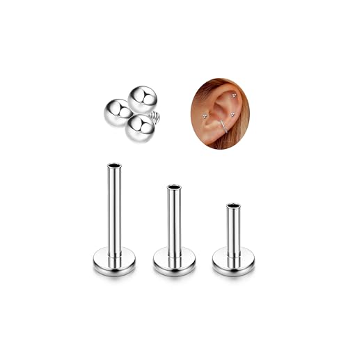 LOLIAS 16G G23 Titanium Tragus Conch Helix Piercing Jewelry 6mm 8mm 10mm - Internally Threaded Flat Back Stud Cartilage Earrings Hypoallergenic Forward Earlobe Labret Tragus Piercing Jewelry - color: 3 Beads-Titanium