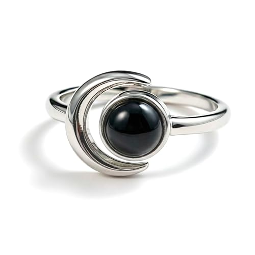 Sun and Moon Ring, Adjustable Natural Stone Rings for Women & Men, Boho Celestial Jewelry for Daily Wear - color: Black Onyx