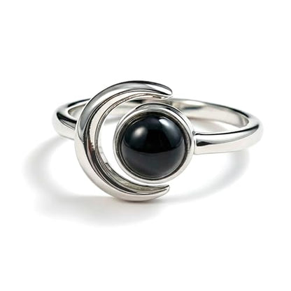 Sun and Moon Ring, Adjustable Natural Stone Rings for Women & Men, Boho Celestial Jewelry for Daily Wear - color: Black Onyx