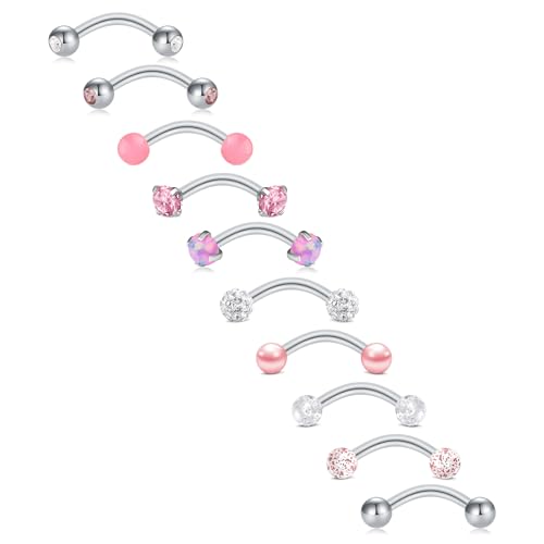FECTAS 10PCS Eyebrow Rook Piercing Jewelry 16G Earrings Vertical Labret Lip Jewelry Curved Barbell Eyebrow Rings Tiny Small Belly Rings Ear Rook Helix Conch Daith Piercing Jewelry - color: pink&silver