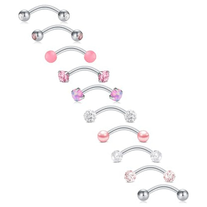 FECTAS 10PCS Eyebrow Rook Piercing Jewelry 16G Earrings Vertical Labret Lip Jewelry Curved Barbell Eyebrow Rings Tiny Small Belly Rings Ear Rook Helix Conch Daith Piercing Jewelry - color: pink&silver