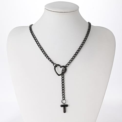 sroyte Black Heart Slip Chain Initial Necklaces for Women,Stainless Steel O-Ring Adjustable Lariat Heart Y-Necklace,Punk Gothic Cuban Collar Choker Necklace for women - color: Black T
