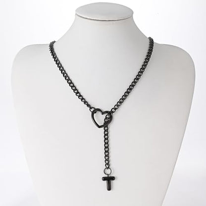 sroyte Black Heart Slip Chain Initial Necklaces for Women,Stainless Steel O-Ring Adjustable Lariat Heart Y-Necklace,Punk Gothic Cuban Collar Choker Necklace for women - color: Black T
