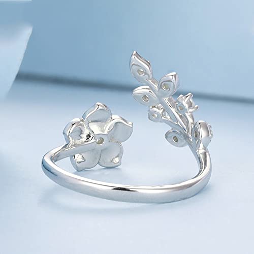 Pink Cherry Blossoms Open Adjustable Ring S925 Sterling Silver Hypoallergenic Imitation Crystal Wedding Rings Promise Love Engagement Statement Imitation Cubic Zirconia Flower Jewelry for Women Bff