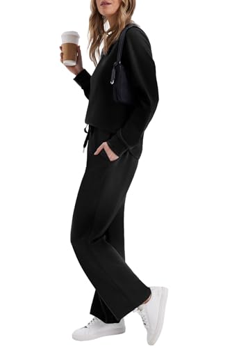 WIHOLL Lounge Sets for Women 2 Piece Travel Vacation Outfits Fall 2026 Sweatsuit Tracksuit - color: Black, size: Small