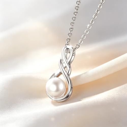 Freshwater Pearl Necklace for Women | 14K Gold Plated Infinity Pendant Fine Jewelry | Dainty Everyday Layering Chain with Lobster Clasp - color: Silver Dainty